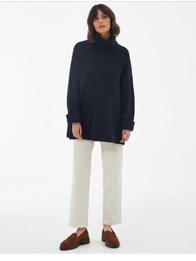 Barbour Stitch Cape Navy Chunky Knit Turtleneck Sweater - Cotton Wool Blend